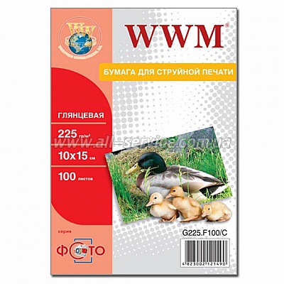 WWM Фотопапір глянцевий 225g  10Х15 100л  -  G225.F100/C